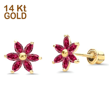 Solid 14K Yellow Gold Flower Stud Earrings Simulated Ruby CZ With Screw Back